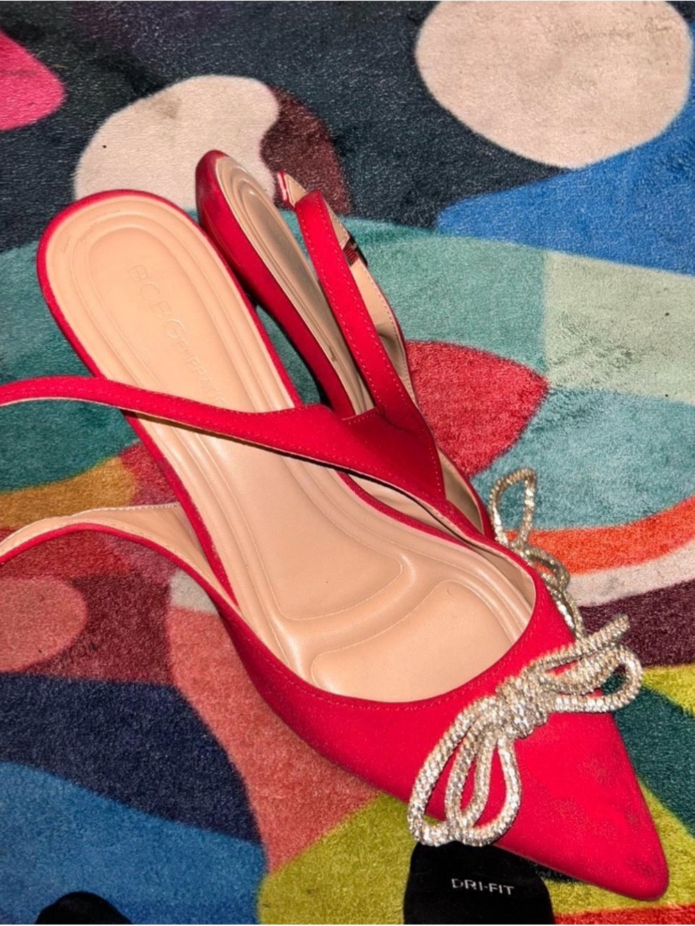 Red Pointed Toe Slingback Heels with Crystal Bow